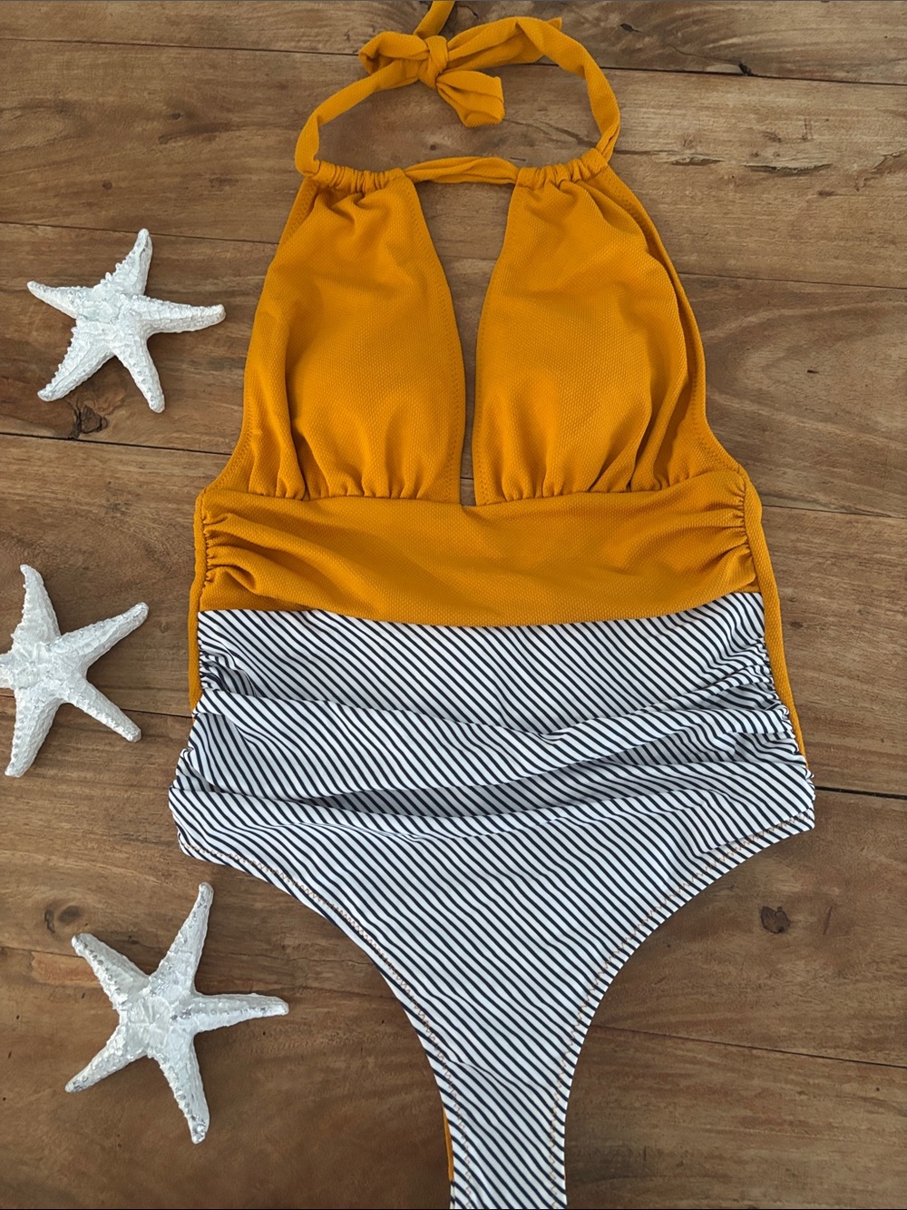 Cupshe Mustard Yellow Halter One-Piece with Navy & White Stripes Size S NWT!